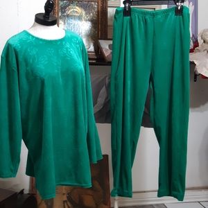 Womens Suit sz L Loungewear Sleepwear top pants 2 piece set b39 Green